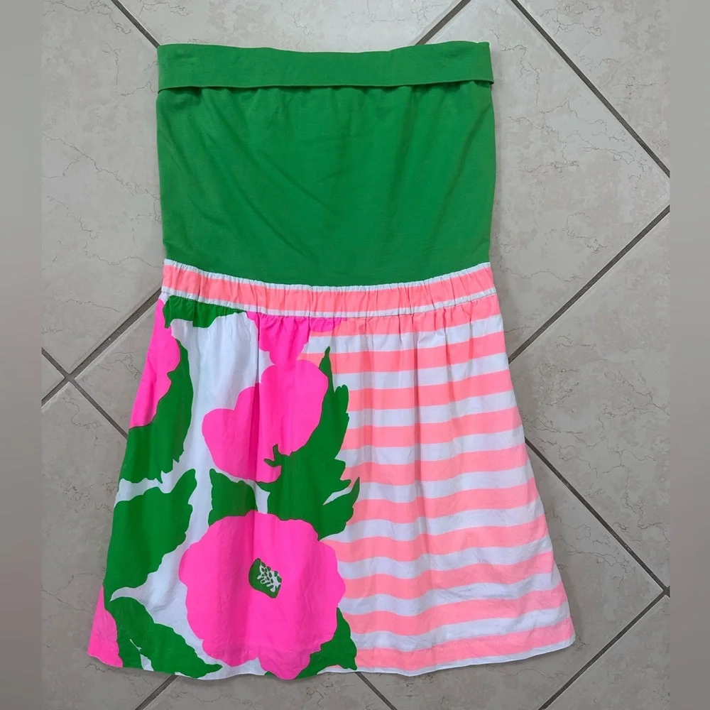 Lilly Pulitzer Green and Pink Strapless Mini Dress - Picture 1 of 8